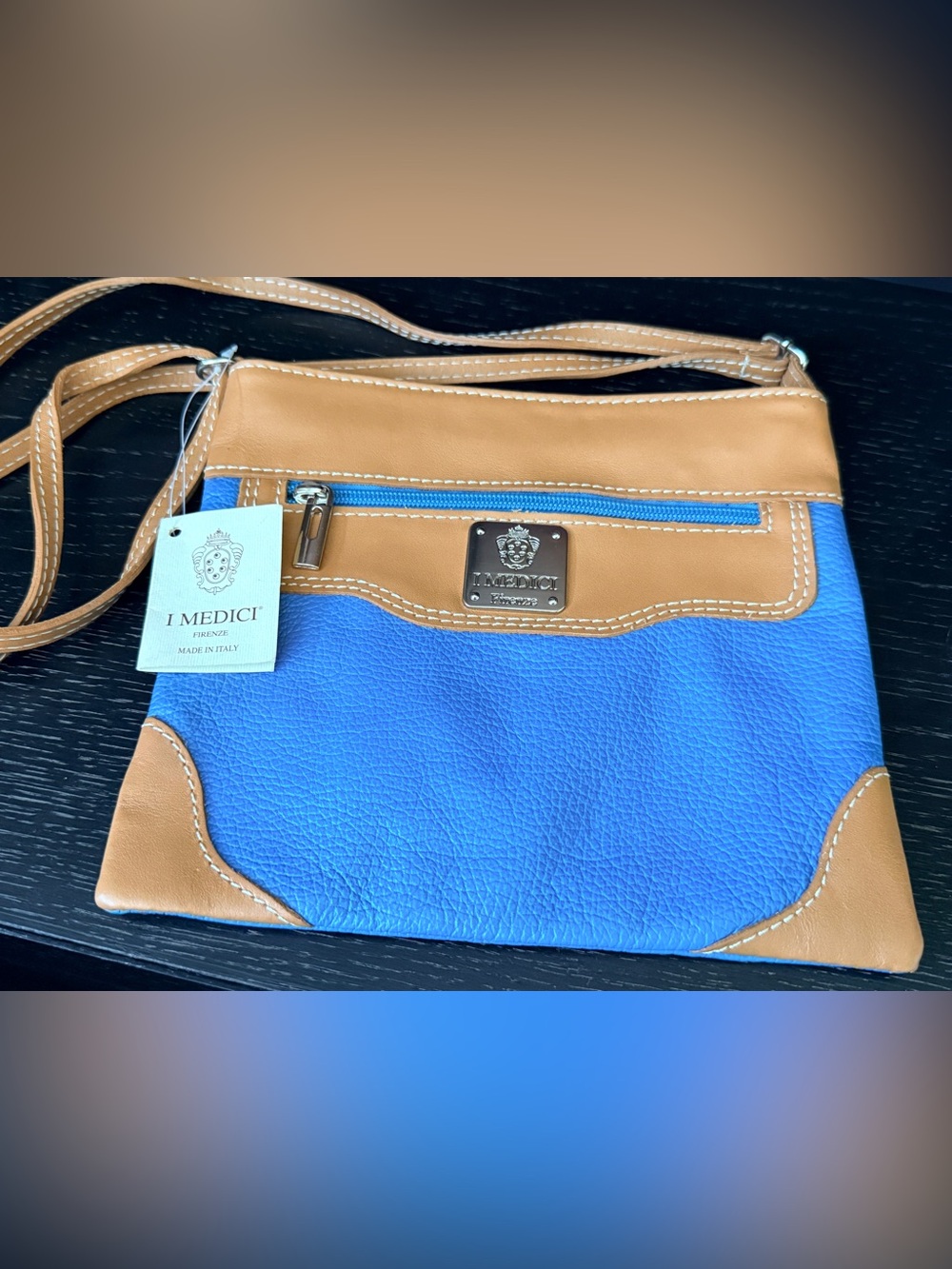 I Medici Firenze Two-Tone Blue and Tan Leather Crossbody Women’s Bag